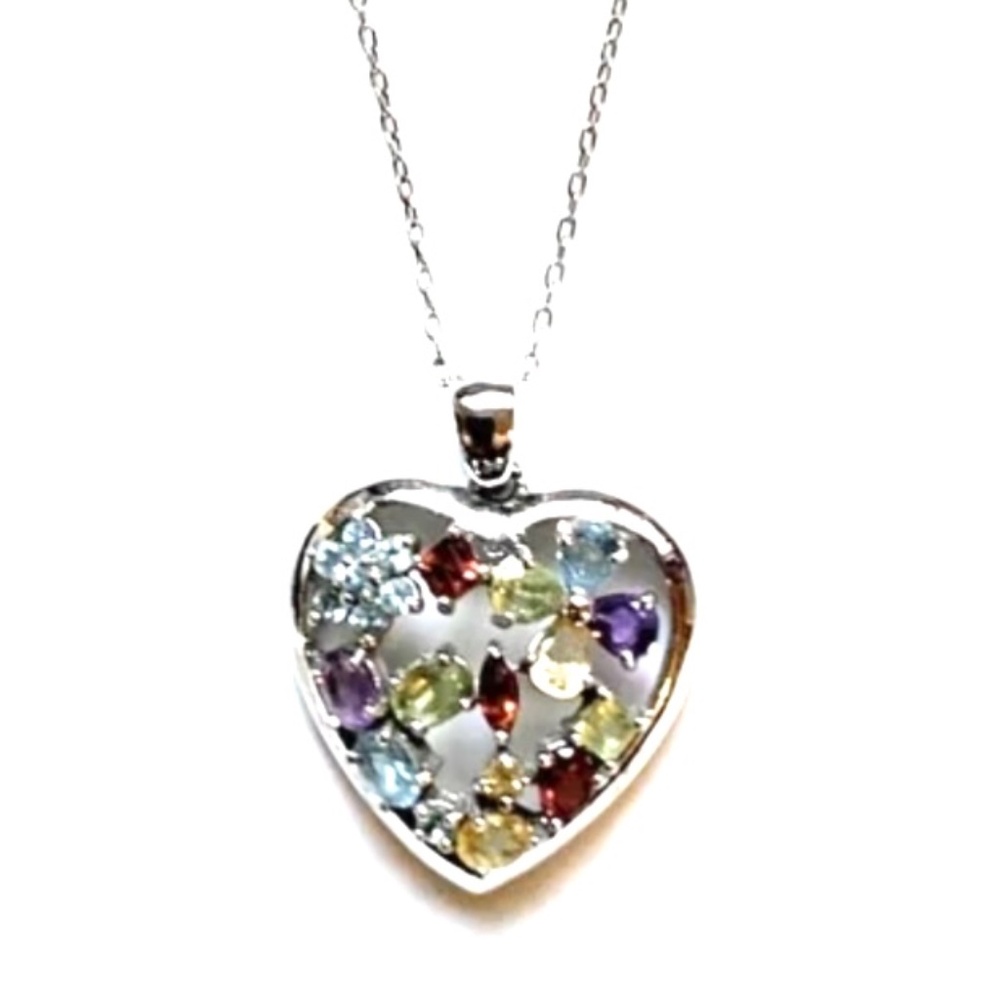 Sterling Silver Heart Shaped Multi Gemstone Necklace
